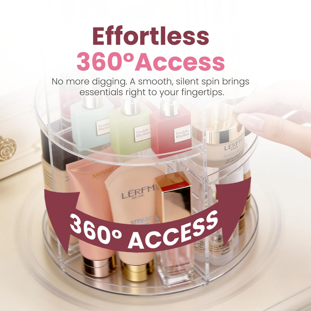 Masirs 360 rotation side view highlighting adjustable shelf heights for varied cosmetics.