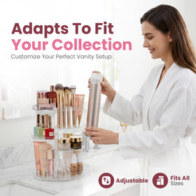 Masirs adjustable-shelf makeup organizer displaying customizable storage for tall bottles.
