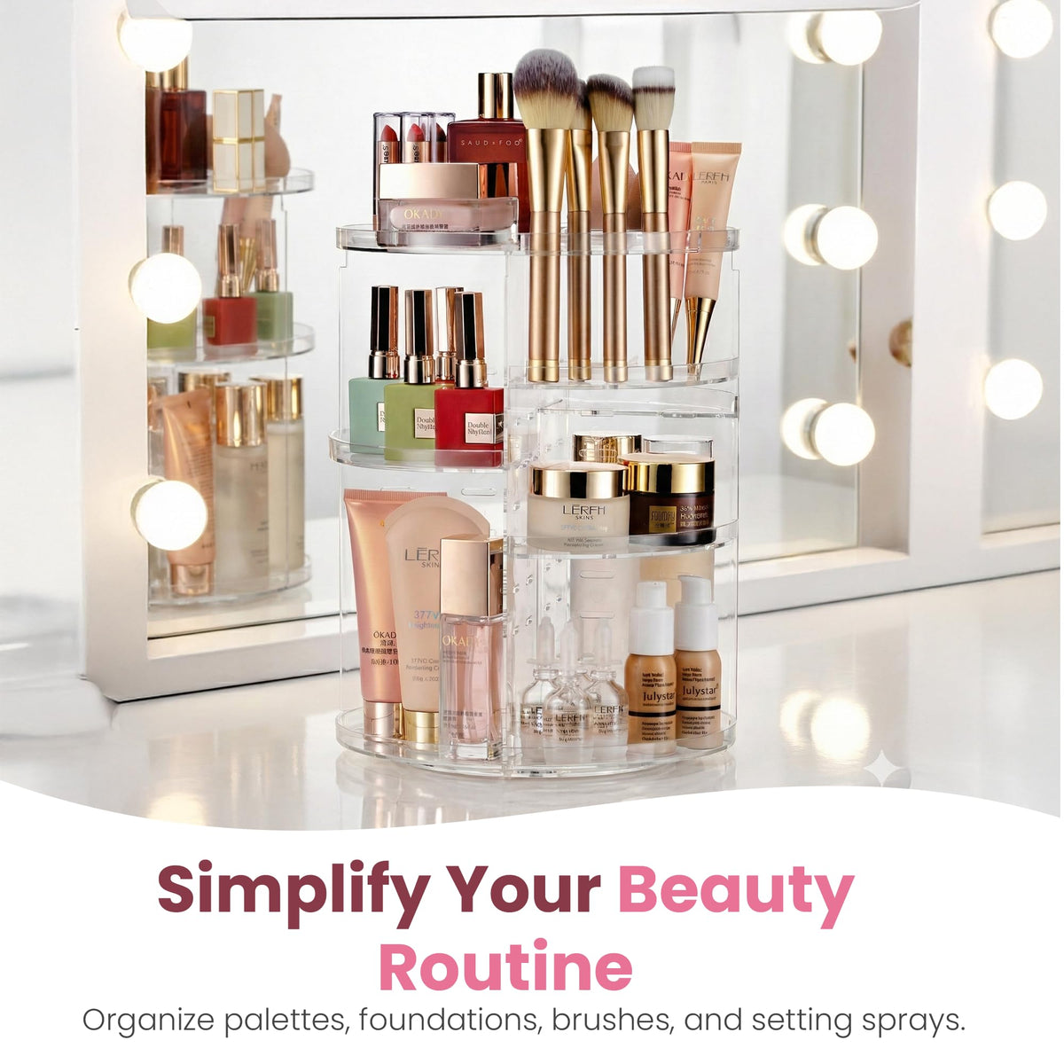 Masirs clear countertop vanity organizer on a dresser enhances visibility and accessibility.