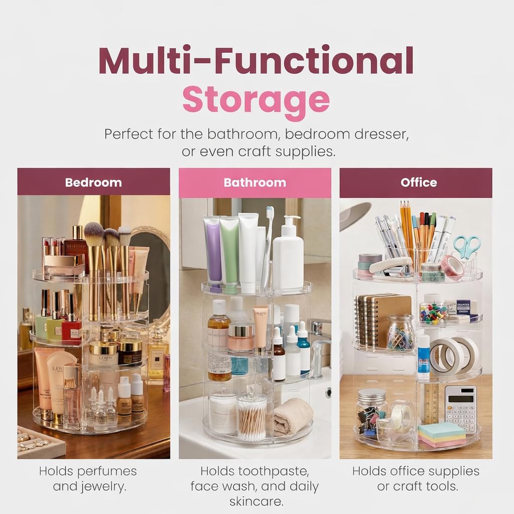 Masirs spacesaving cosmetic storage keeps vanity neat and clutter-free.