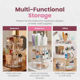 Masirs spacesaving cosmetic storage keeps vanity neat and clutter-free.