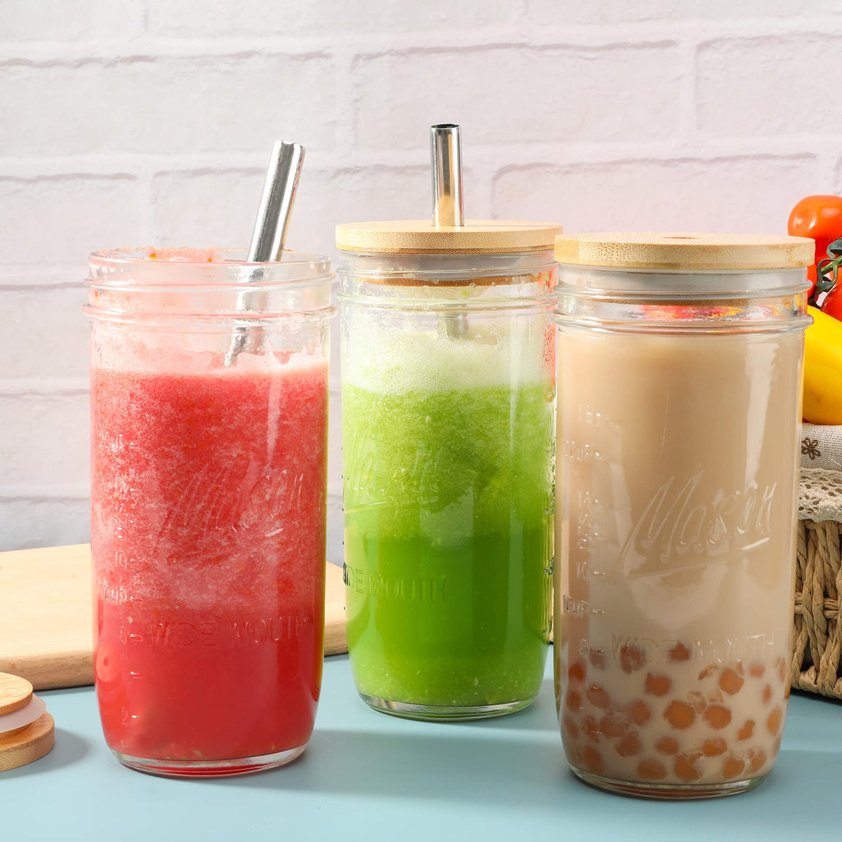 Mason wide-mouth jars great for juices, smoothies, or canning