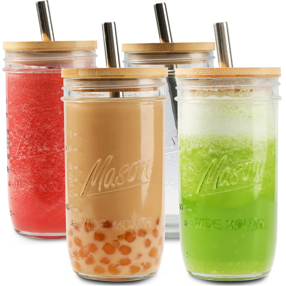 Mason 4-pack reusable tea cups with wide-mouth 24oz for easy pouring and sipping