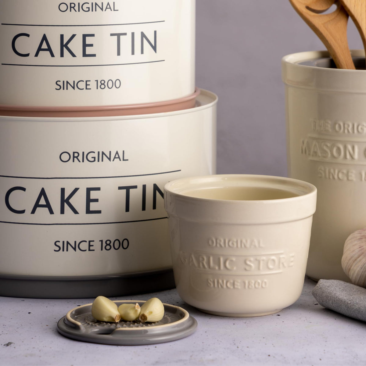 Mason Cash stoneware white and grey finish on display