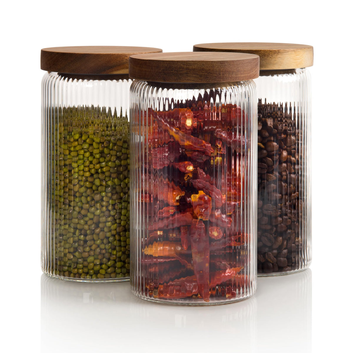 Mason & Fable ribbed glass jar with wooden lid, 27oz, ideal for pantry storage.