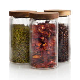 Mason & Fable ribbed glass jar with wooden lid, 27oz, ideal for pantry storage.