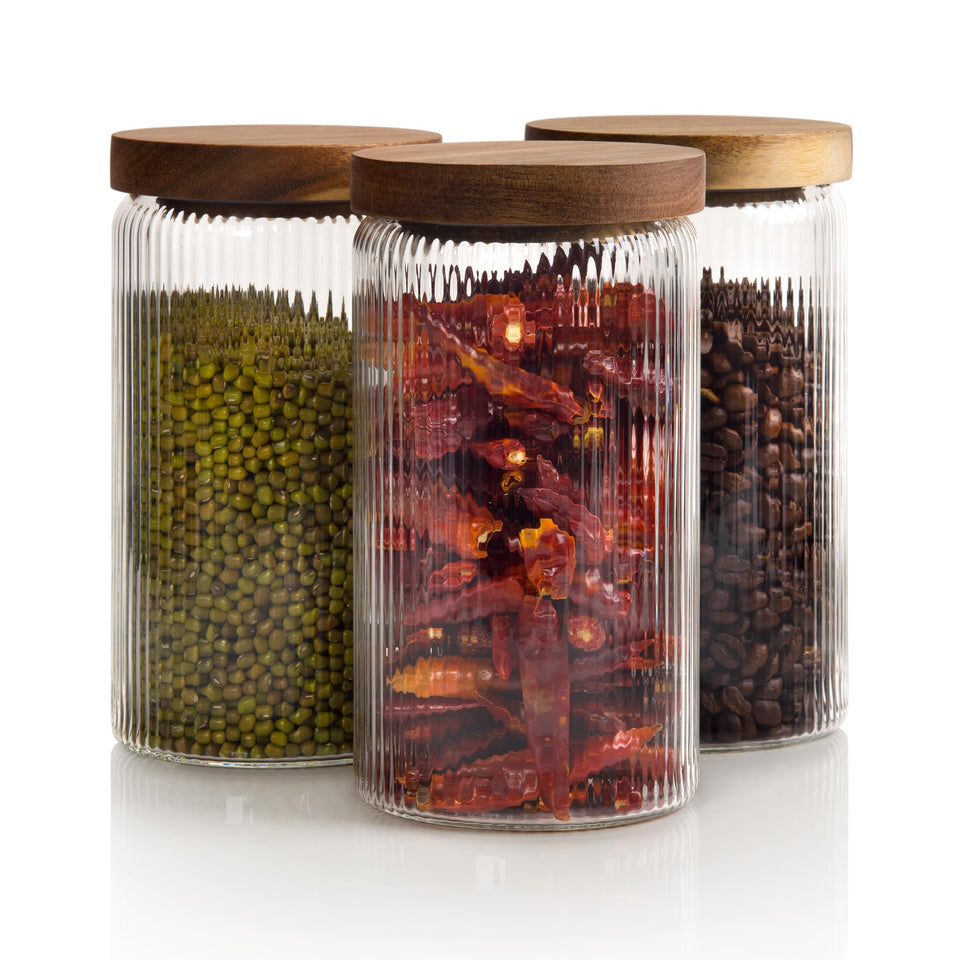 Mason & Fable ribbed glass jar with wooden lid, 27oz, ideal for pantry storage.