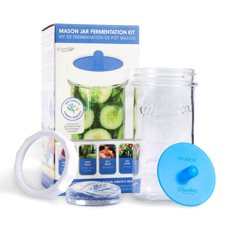 Masontops fermentation jar starter set unboxed, showcasing components for home fermenting