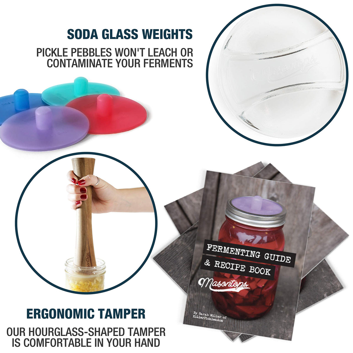 Masontops fermentation kit in use showing lids, weights, and tamper together.