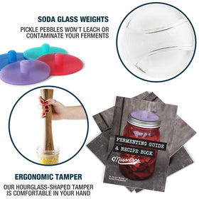 Masontops fermentation kit in use showing lids, weights, and tamper together.