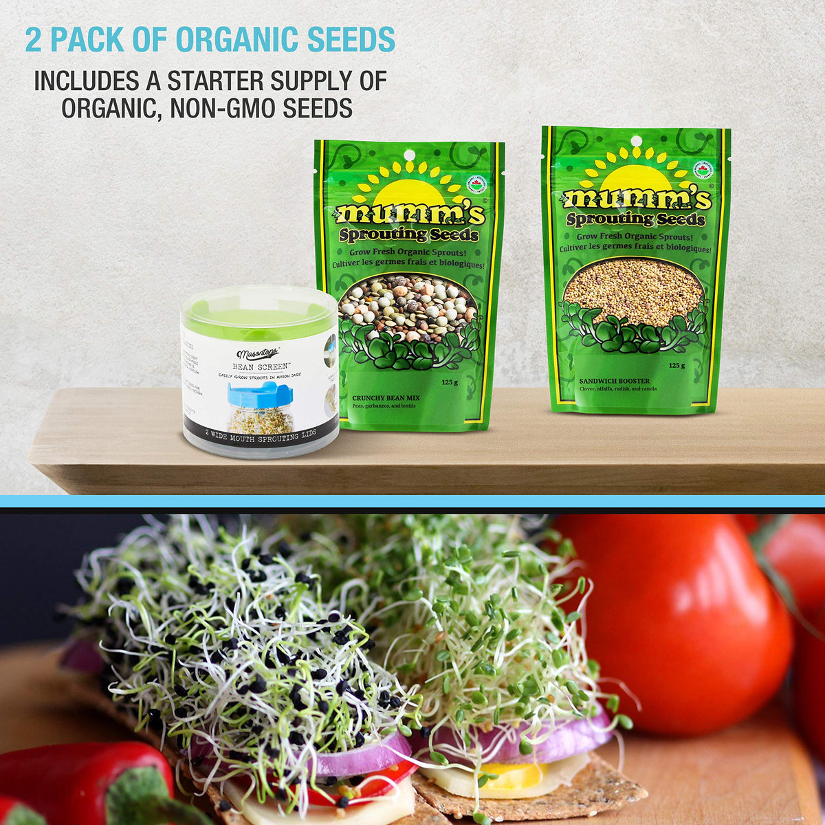 Masontops organic-seeds-mumm from Canada for diverse sprouts.