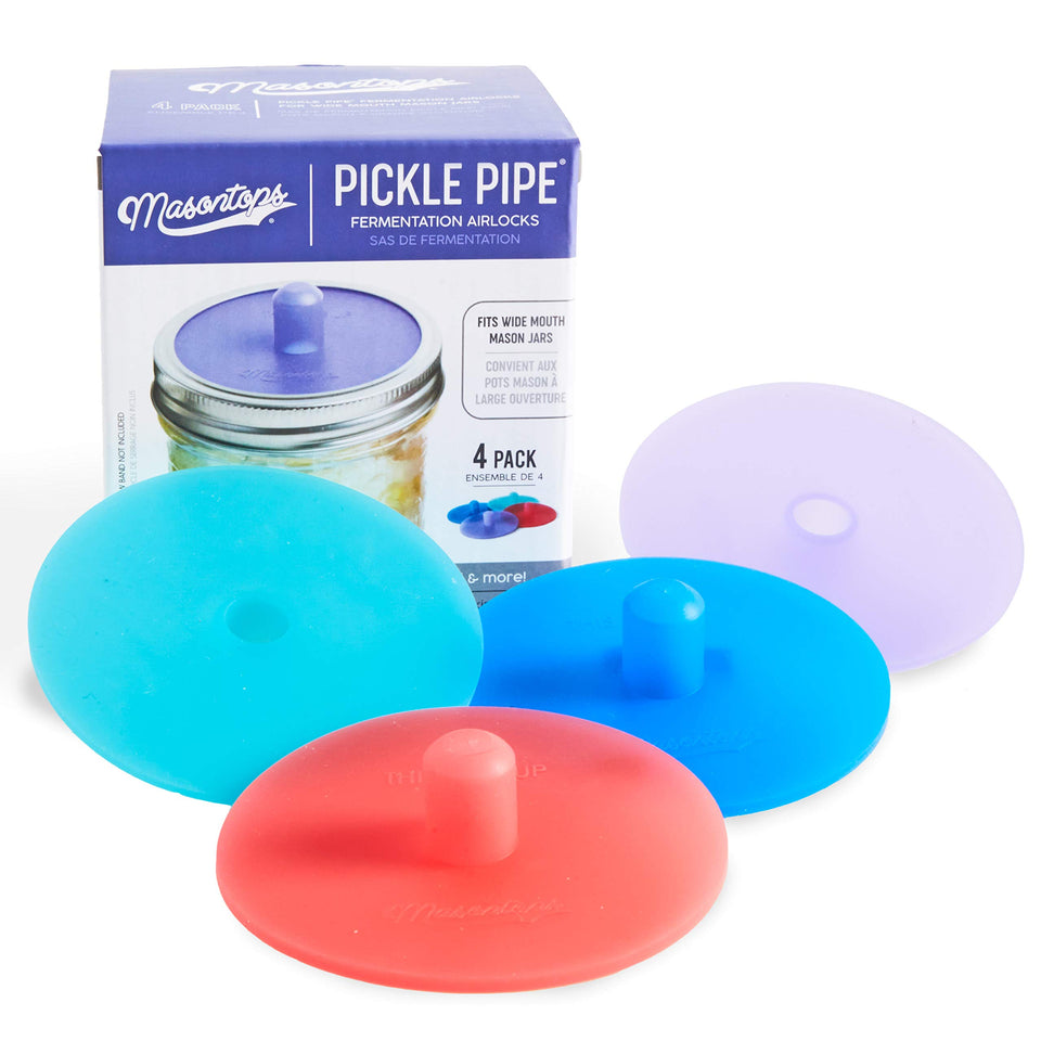 Masontops Pickle Pipes airlock lid shows self-venting fermentation.
