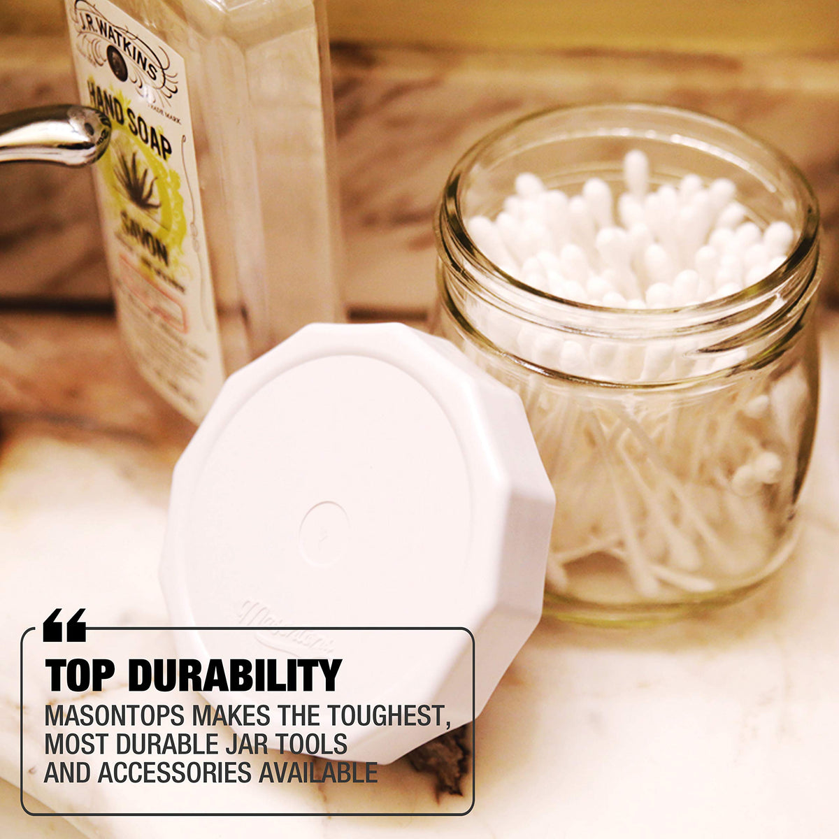 Masontops Tough Tops provide a leakproof seal for pantry, kitchen, and workshop storage.