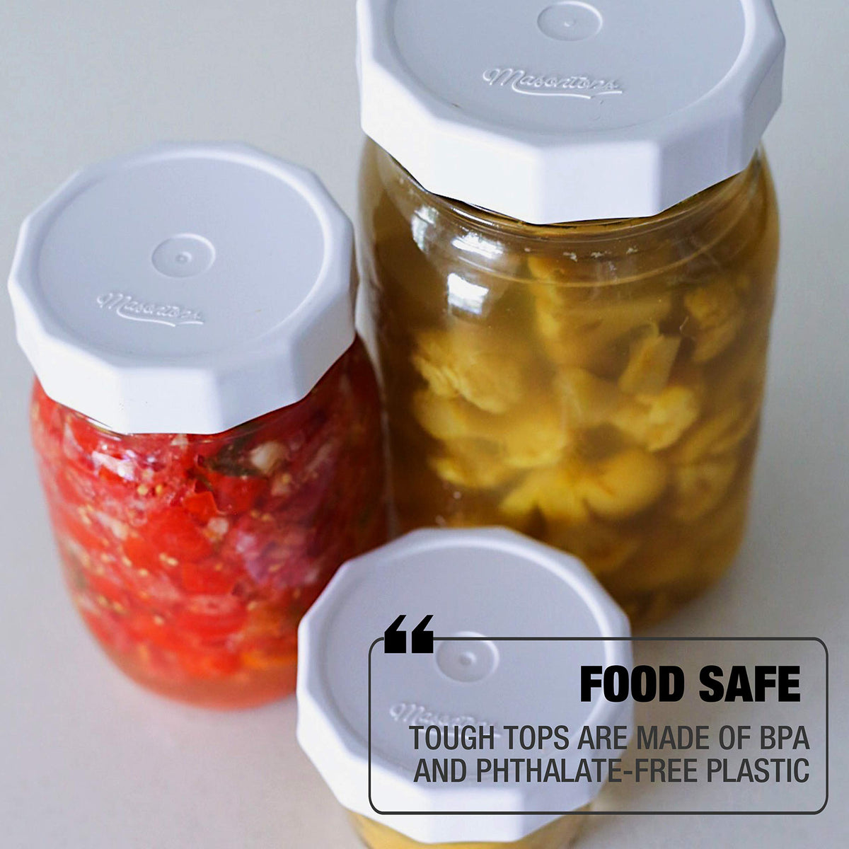 Masontops Tough Tops rust- and warp-resistant lids for long-lasting use.