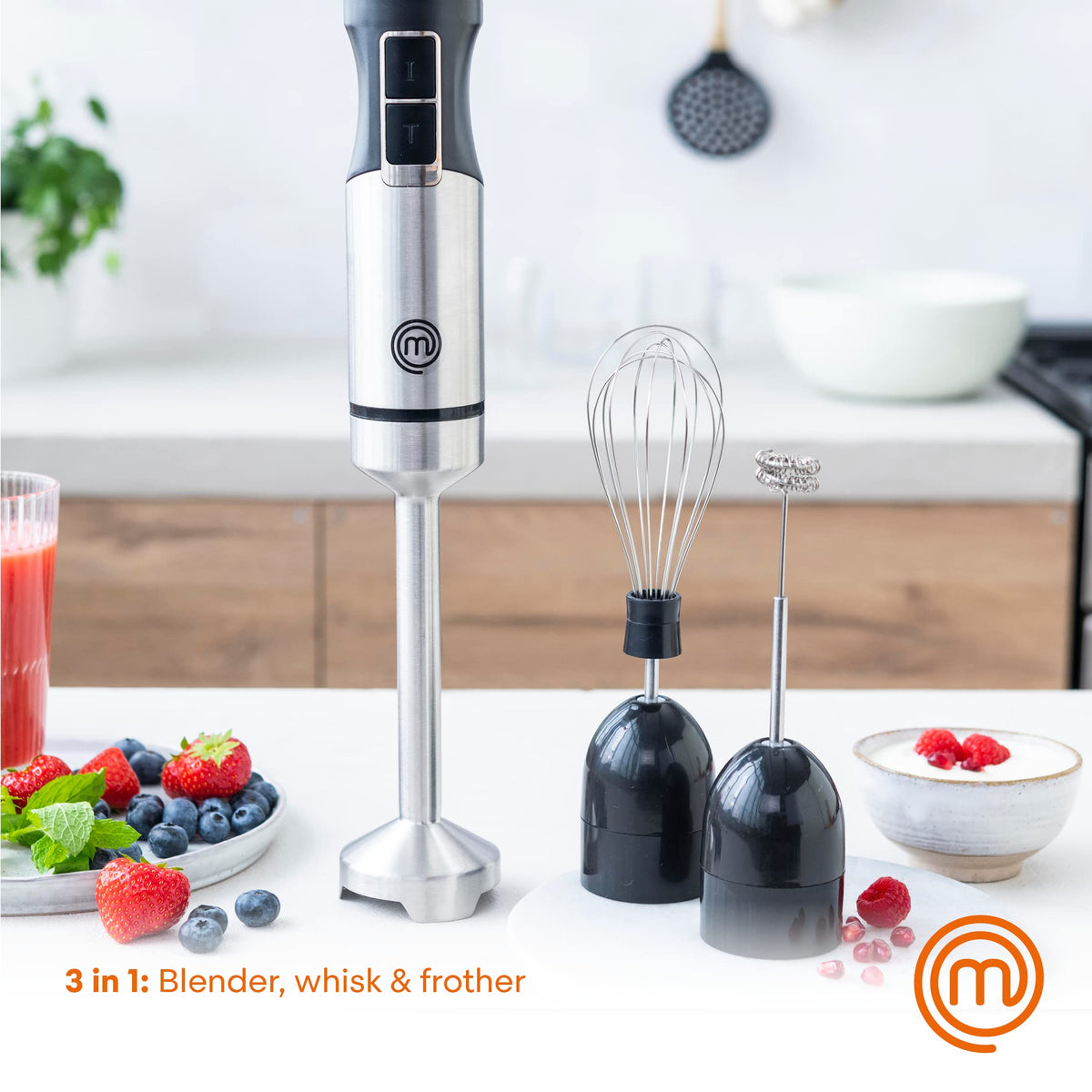MasterChef 3-in-1 attachments ready for blending, whisking, and frothing.