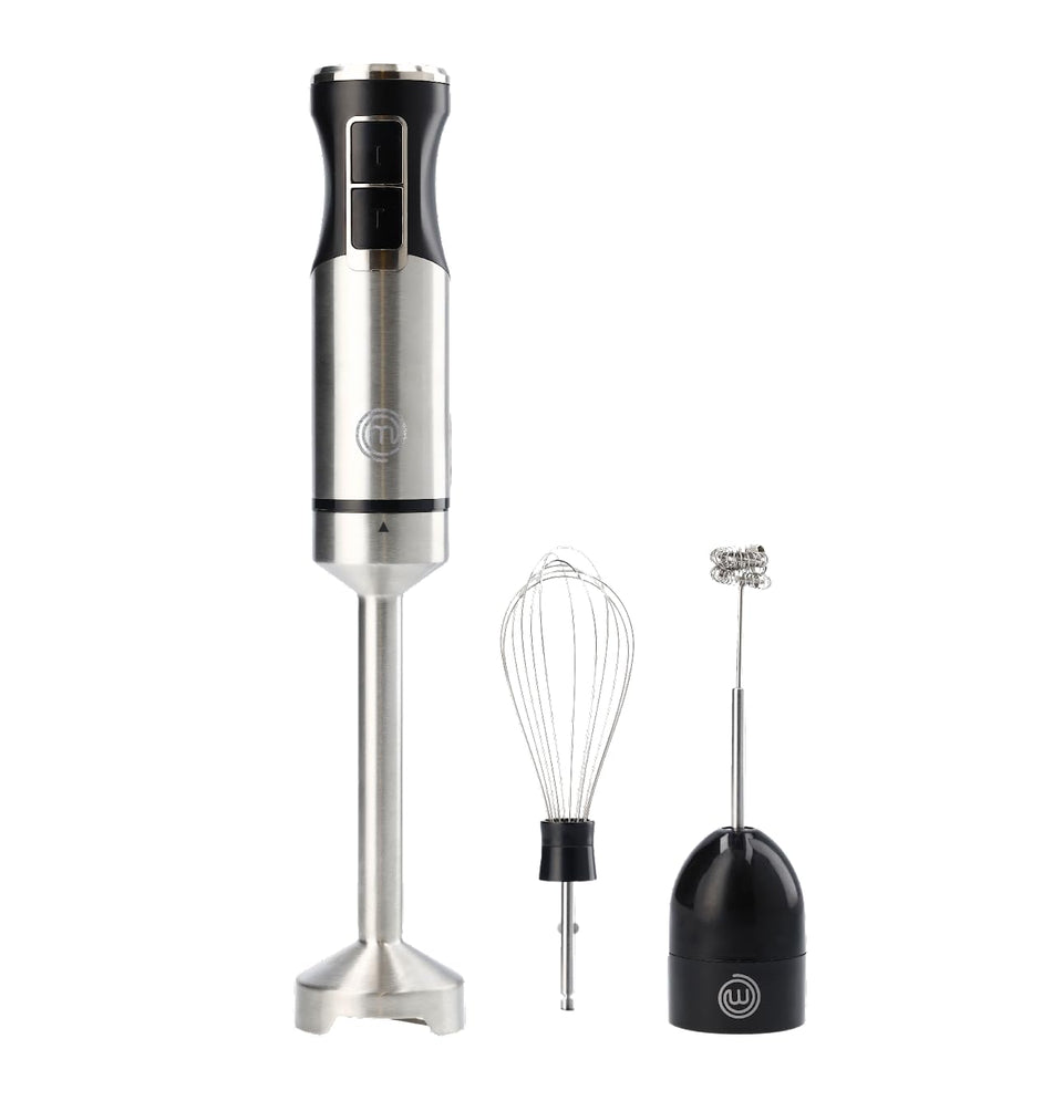 MasterChef immersion blender blade close-up for silky blends.