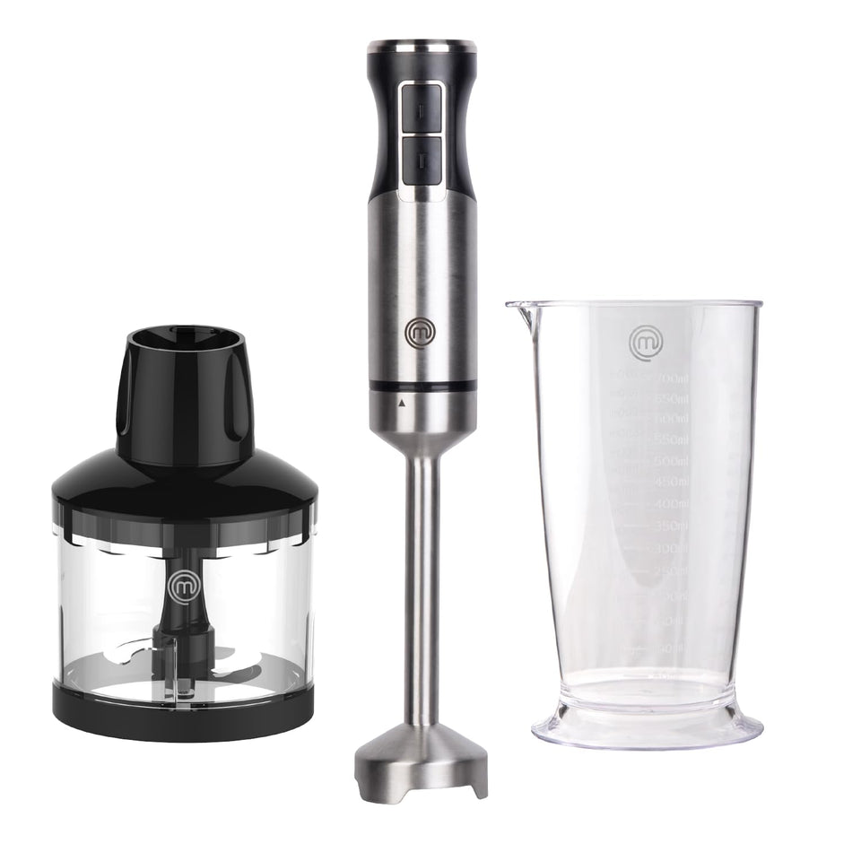 MasterChef immersion blender in stainless steel with blending blade for silky smoothies.
