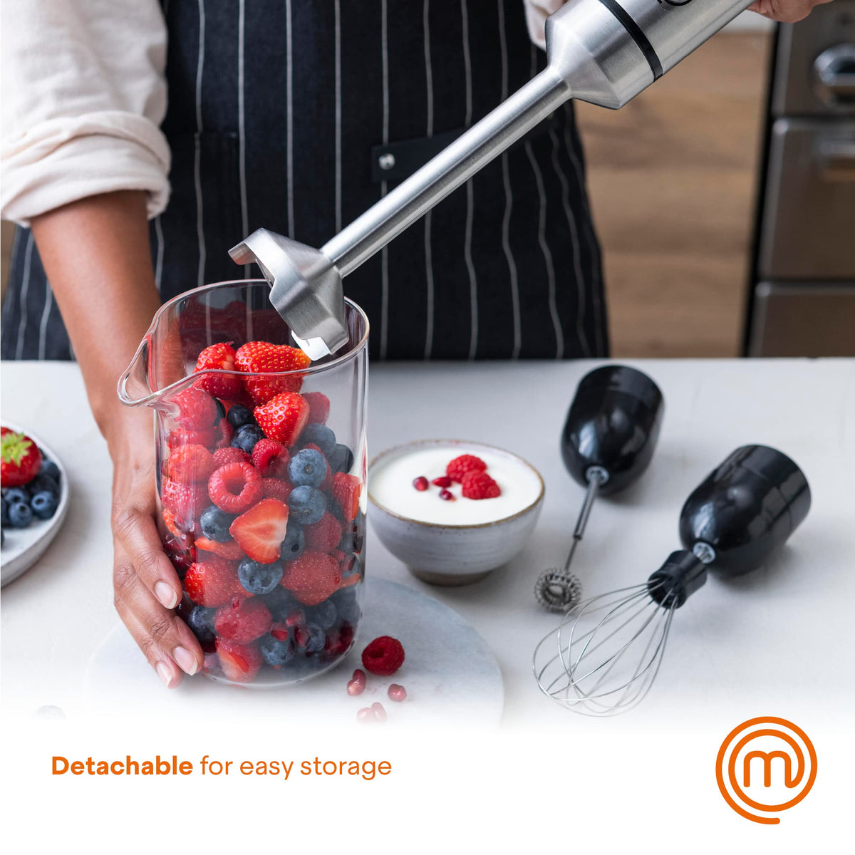 MasterChef whisk attachment beating eggs and batters evenly.