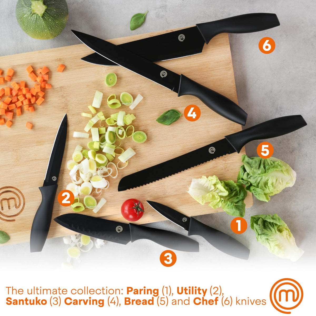 MasterChef santoku knife close-up for precise chopping efficiency.