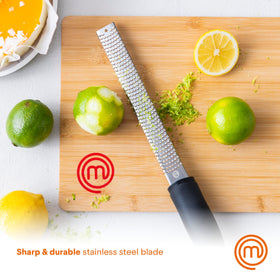 MasterChef stainless steel blades close-up minimizing waste during micro-planing