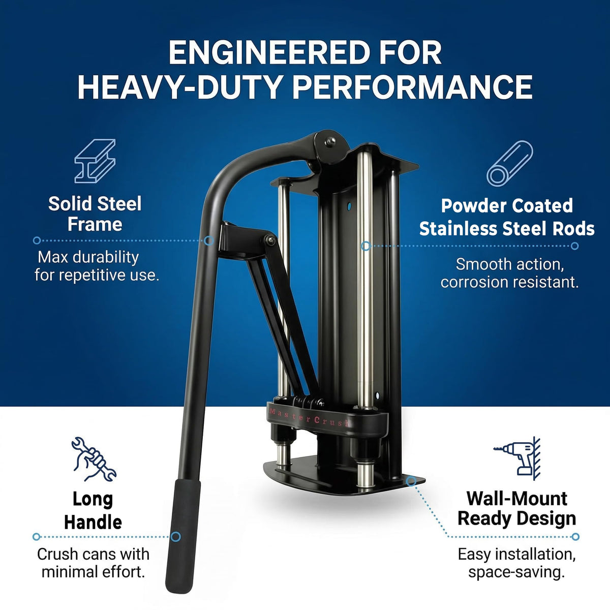 Heavy-duty MasterCrush frame with powder-coated steel withstands daily use.
