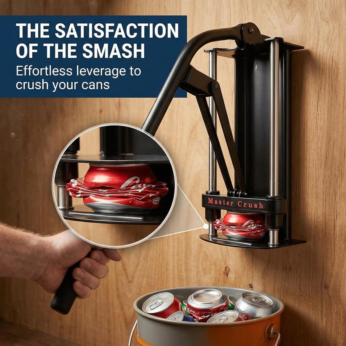 MasterCrush lever-action handle delivers smooth crushing for cans and bottles.