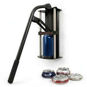 MasterCrush wall-mounted can crusher in action, shrinking cans for easier recycling.