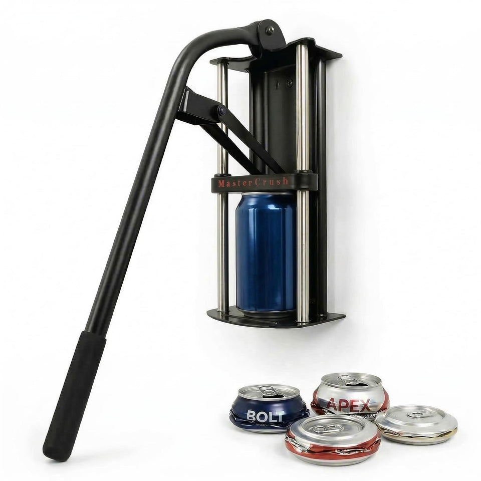 MasterCrush wall-mounted can crusher in action, shrinking cans for easier recycling.
