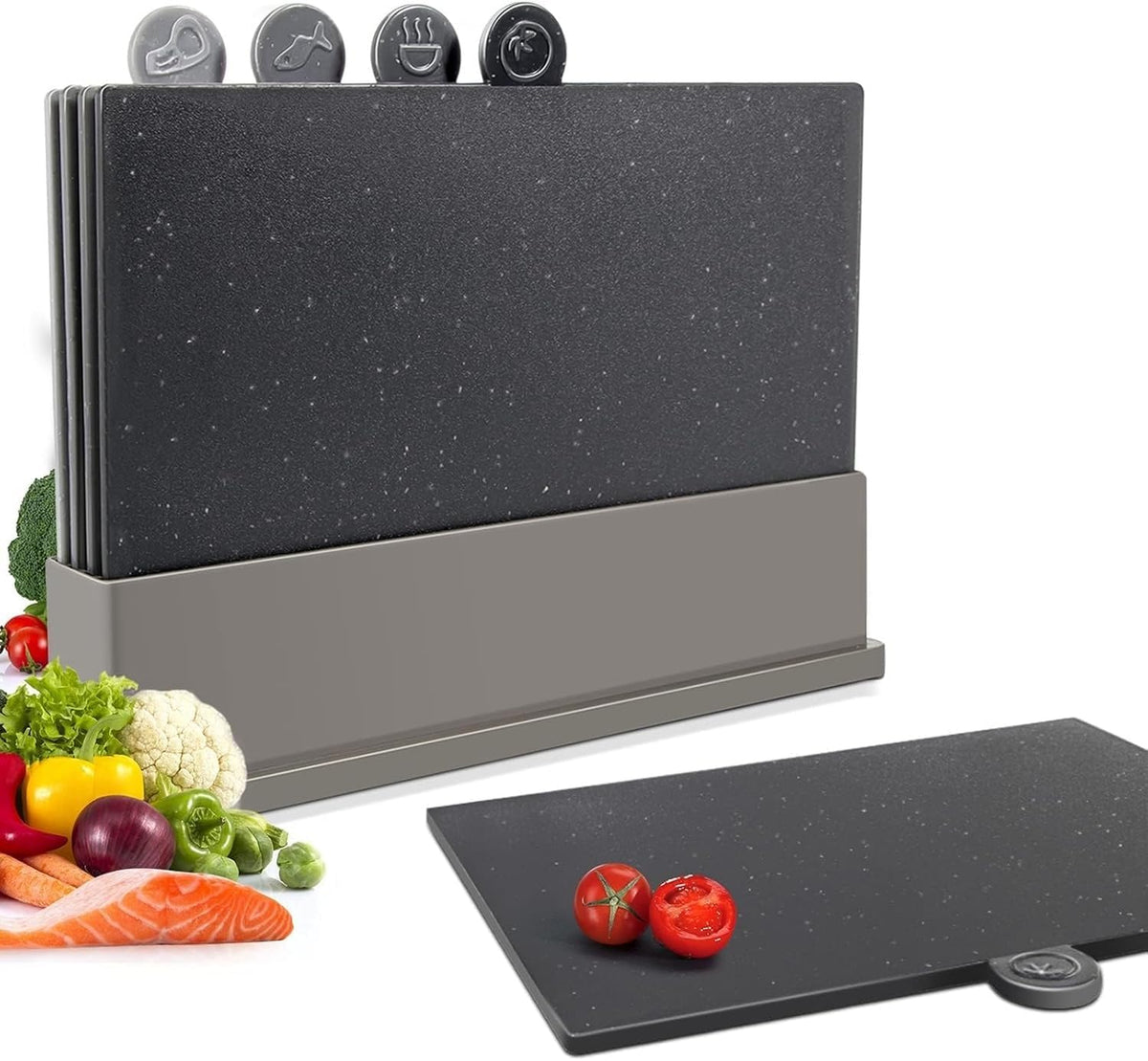 Masthome index chopping board set with four icons for easy ingredient separation.