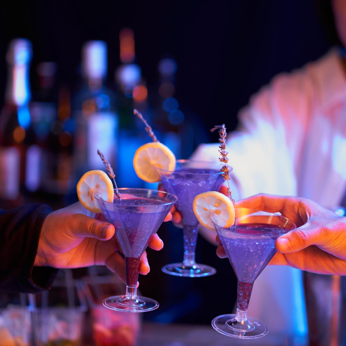 Matana 48 martini glasses filled with a cocktail for serving inspiration.