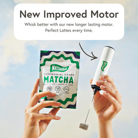 MATCHABAR double-headed whisk in use blends matcha quickly and evenly.