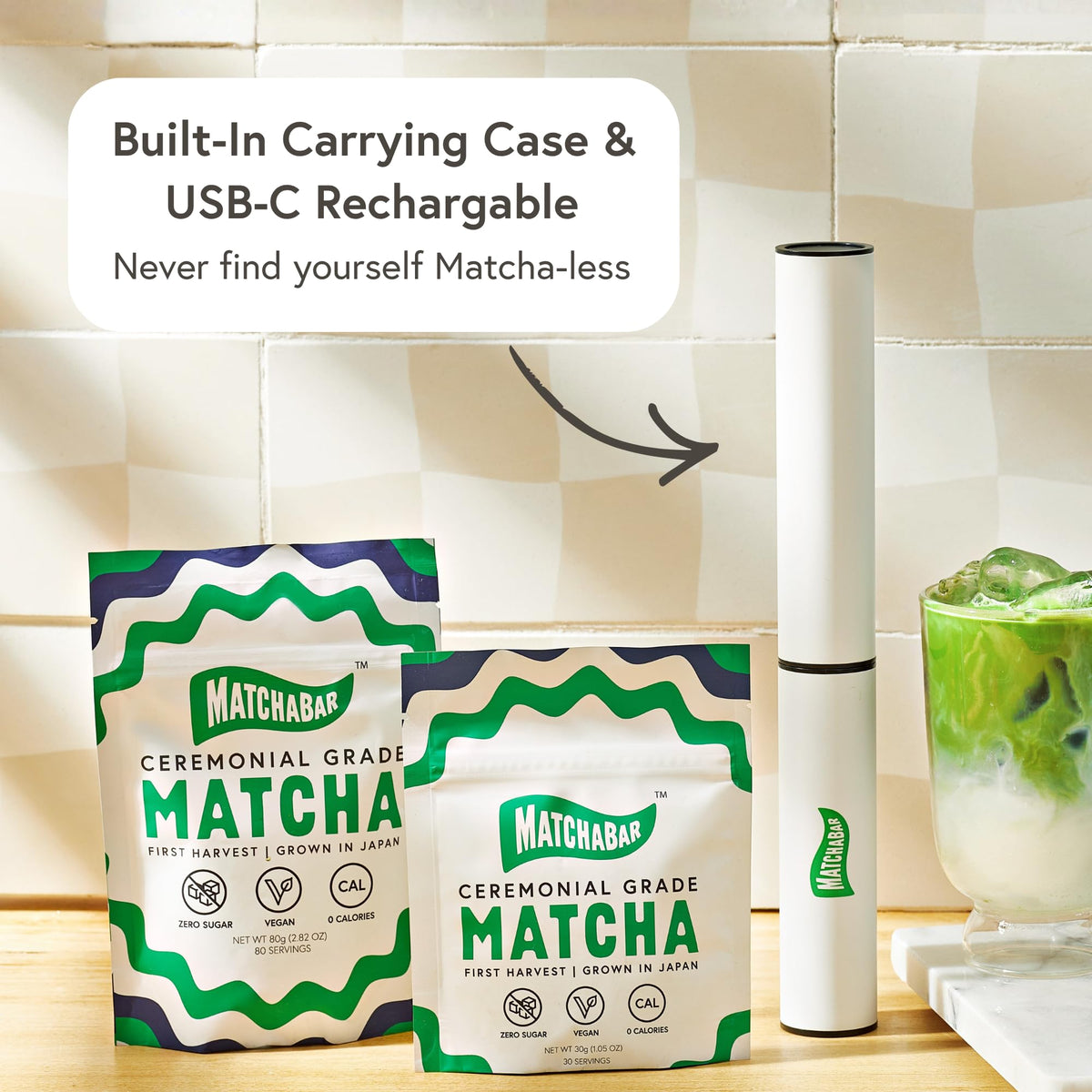 MATCHABAR matcha latte foam created by the whisk for creamy drinks.