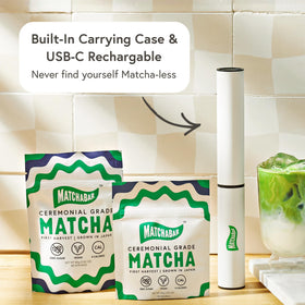 MATCHABAR matcha latte foam created by the whisk for creamy drinks.