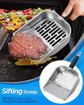 Matchwaves Griddle Scoop extended handle keeps hands cool during cooking.