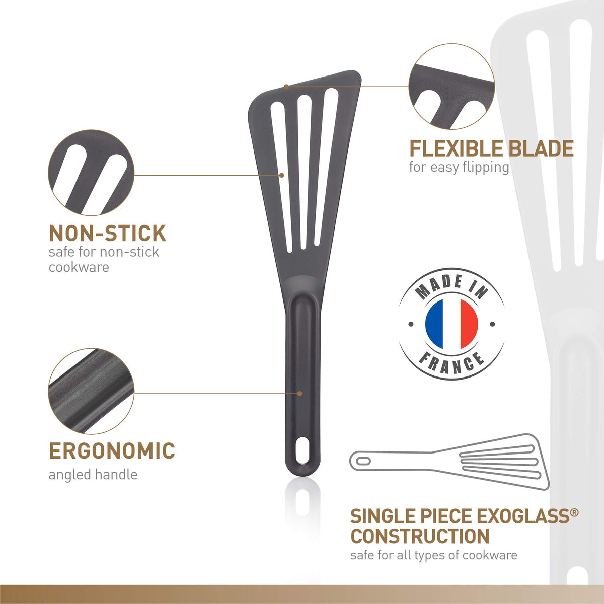 Matfer Bourgeat Exoglass Pelton spatula grey ergonomic slant for comfortable flipping