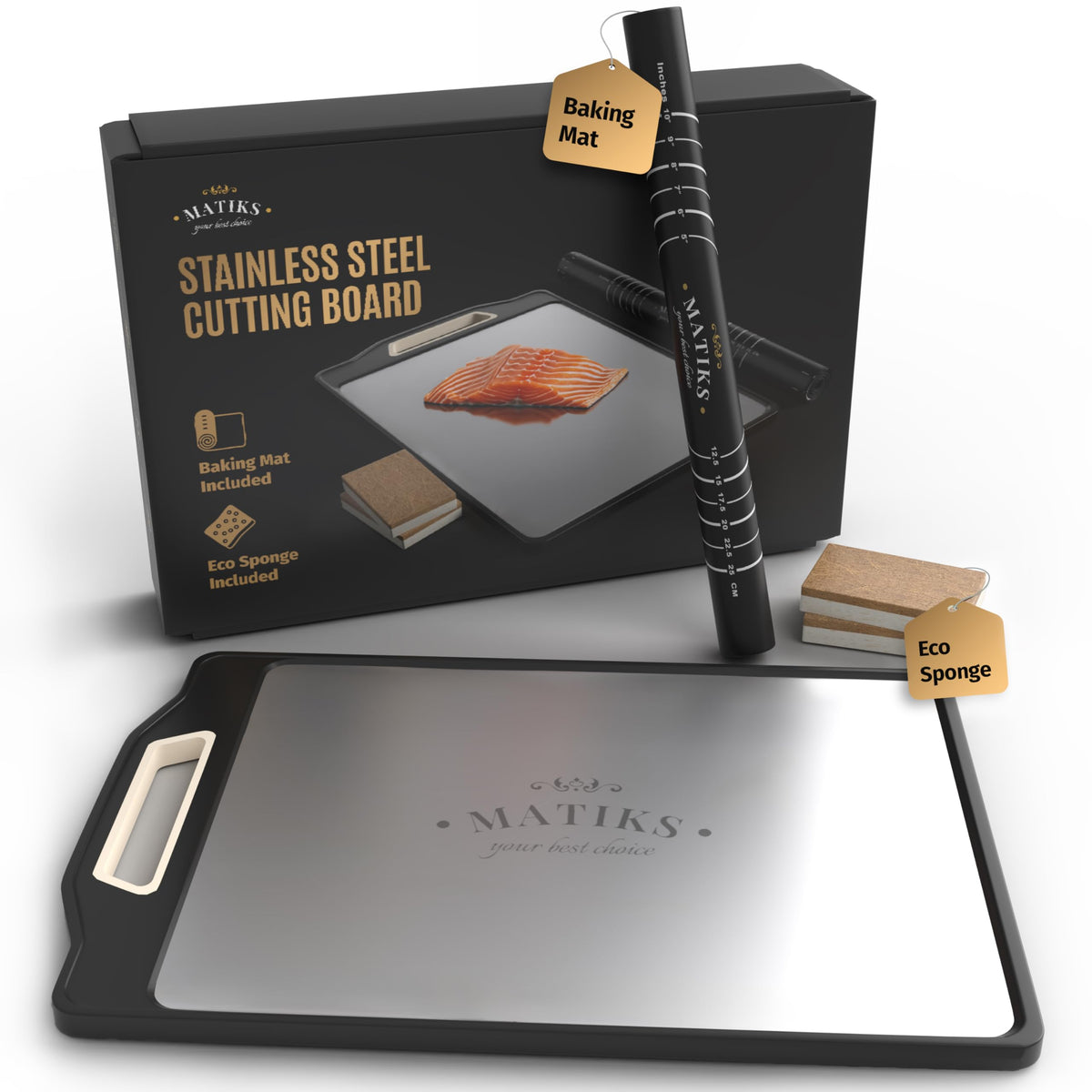 Matiks double-sided stainless steel cutting board for versatile prep and easy cleanup.