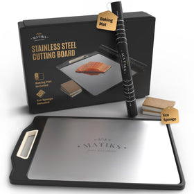 Matiks double-sided stainless steel cutting board for versatile prep and easy cleanup.