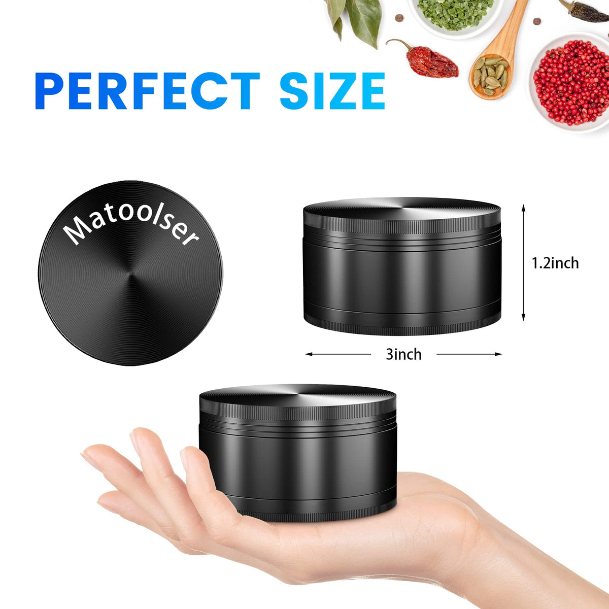 Matoolser black grinder top view highlighting 3-piece design for easy cleaning.