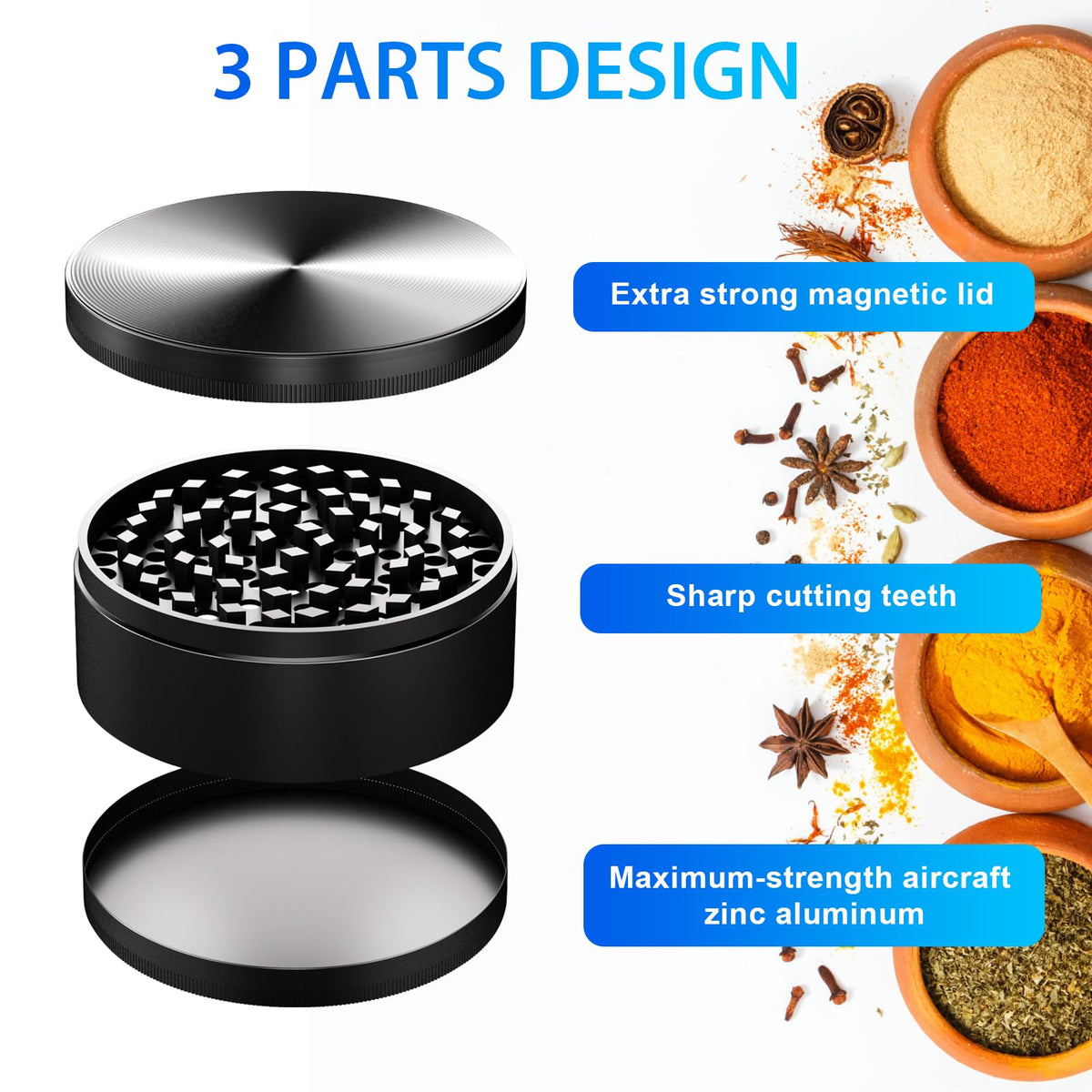 Matoolser spice grinder features zinc alloy construction for daily kitchen tasks.