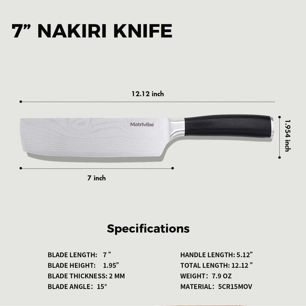 MATRLVIBE Nakiri pakkawood handle for comfortable grip and control.