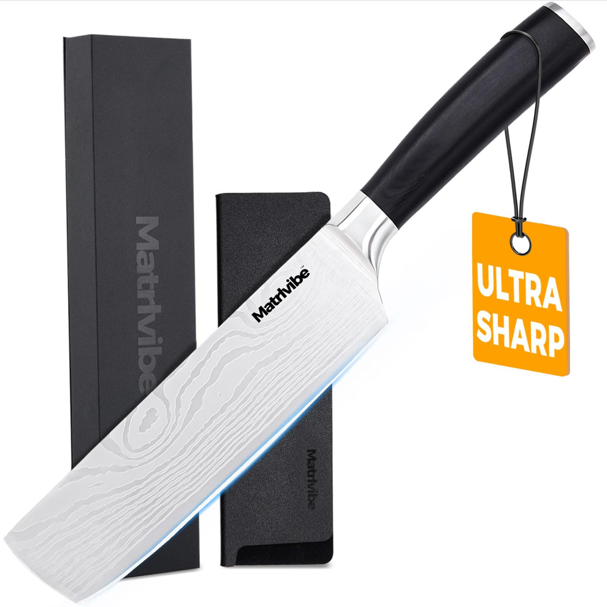 MATRLVIBE Nakiri 7-inch blade close-up for razor-sharp precision.