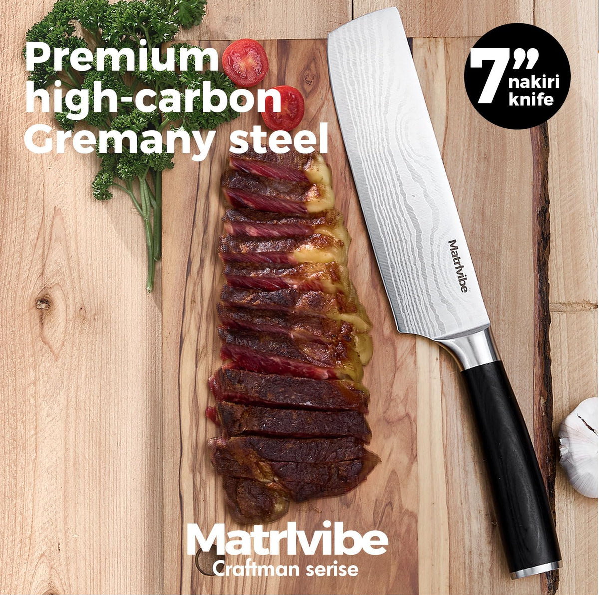 MATRLVIBE Nakiri knife slices vegetables with clean, even results.