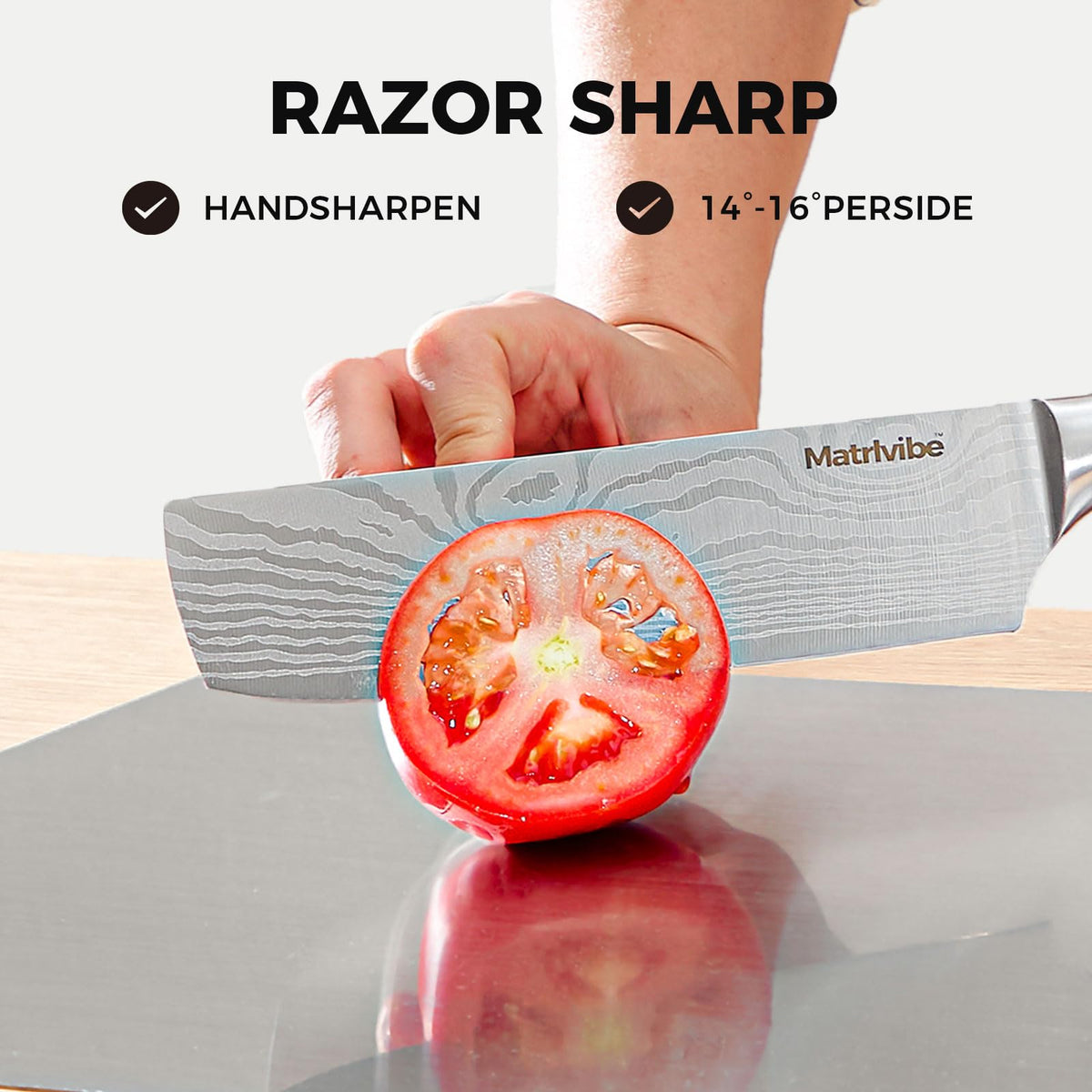 MATRLVIBE Nakiri knife cuts meat with stable, balanced handling.