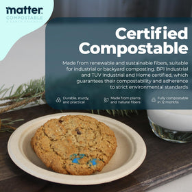 Matter compostable 9-inch plate closeup shows sturdy fiber construction and eco-friendly materials.