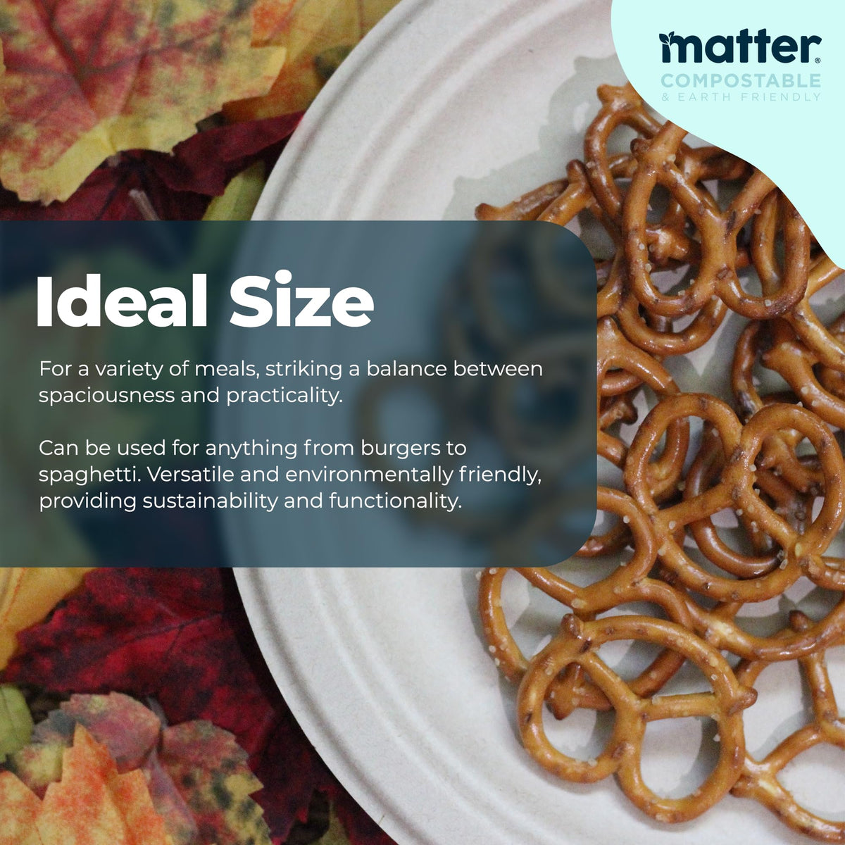 Matter compostable 9-inch plate on table during dinner party, versatile, sustainable tableware.