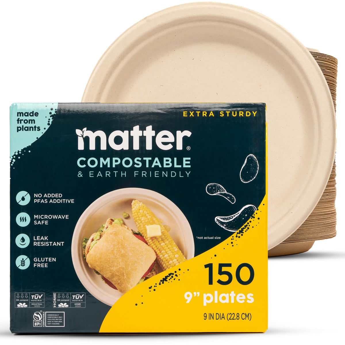 Matter compostable 9-inch plate stack ready for meals, eco-friendly dinnerware for everyday use.