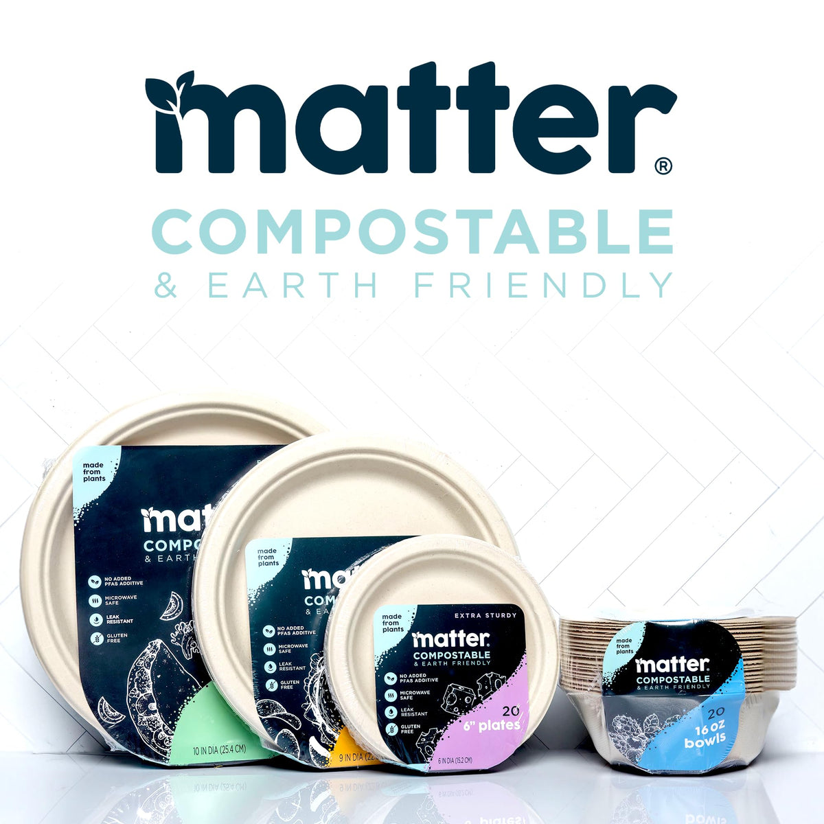 Matter compostable 9-inch plates in compostable pack ready for events and gatherings.