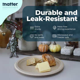 Matter compostable 9-inch plates at picnic, ideal for salads and mains outdoors.
