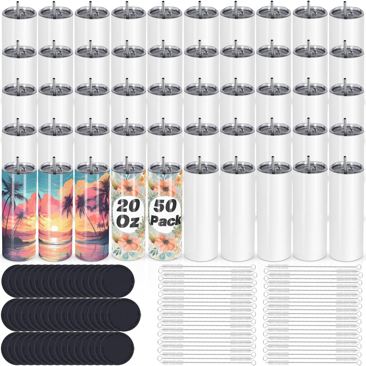 Maucircol 20 oz skinny sublimation tumbler with lid and straw for custom designs.