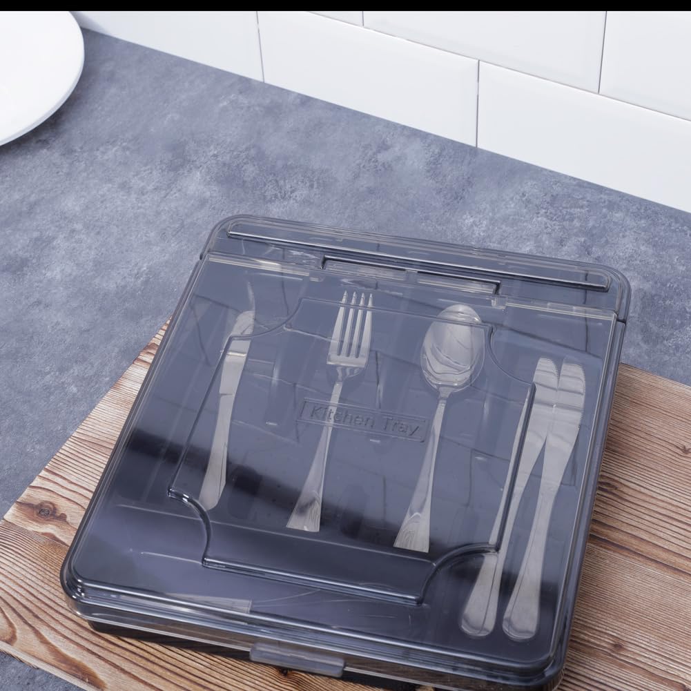 Maulehua silverware organizer with lid, black finish adds sleek kitchen style.
